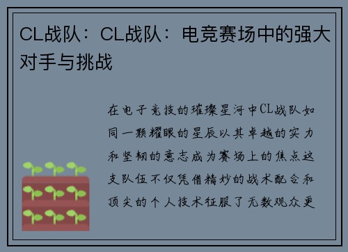 CL战队:CL战队:电竞赛场中的强大对手与挑战